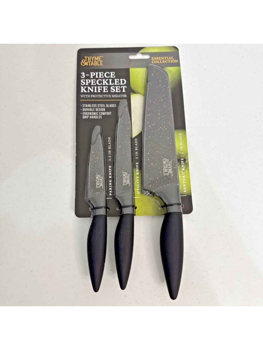 Thyme & Table * 3-piece Speckled Knife Set Stainless Steel Blades Ergonomic Grip